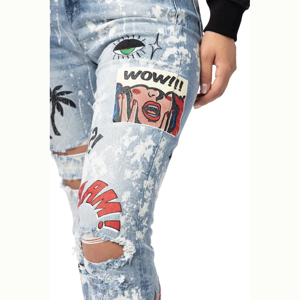 High Rise Graphic Straight Denim Jeans - Cabana Blue