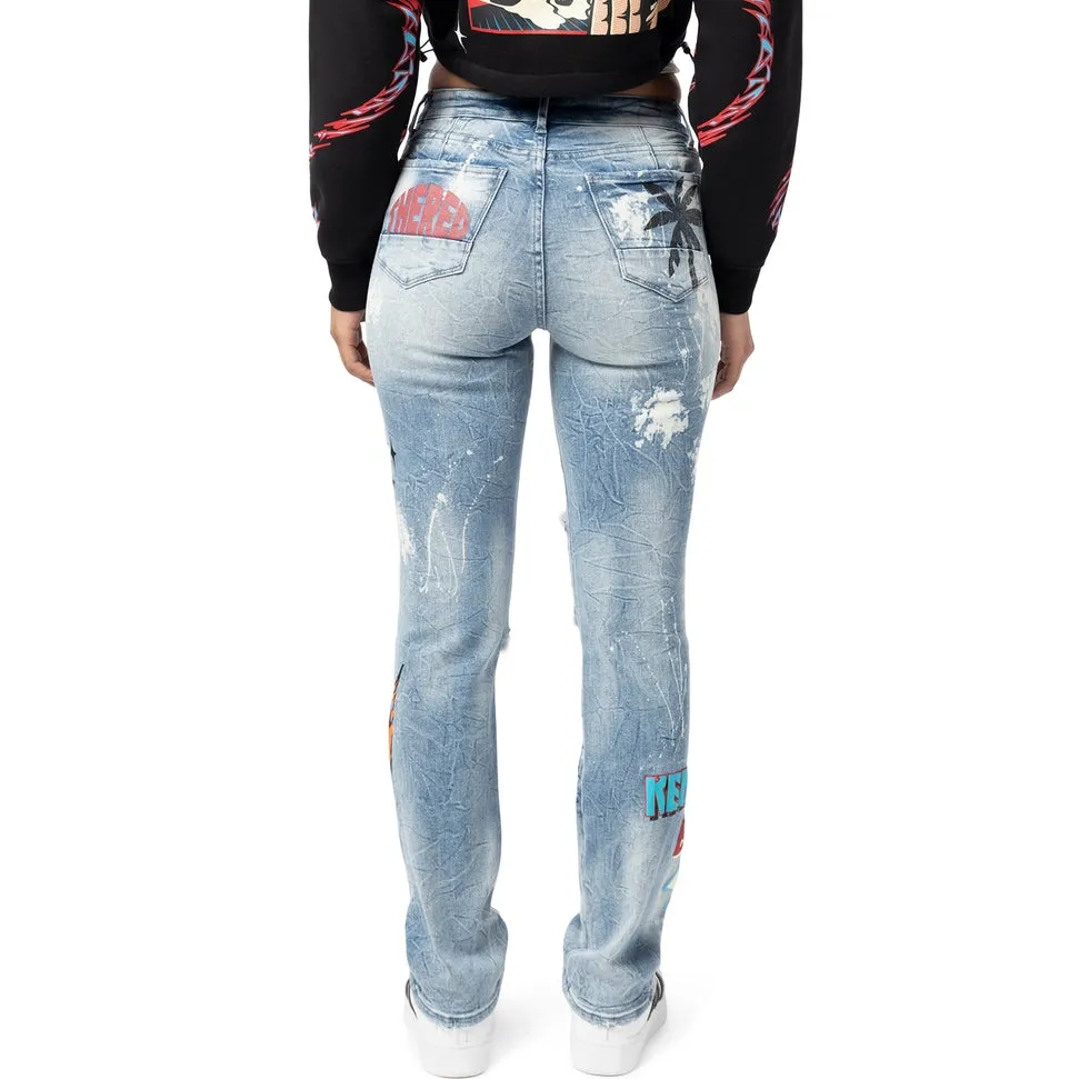 High Rise Graphic Straight Denim Jeans - Cabana Blue