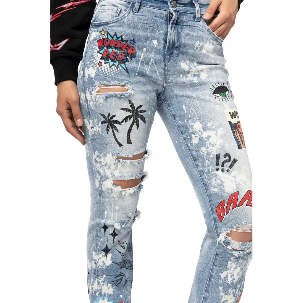 High Rise Graphic Straight Denim Jeans - Cabana Blue