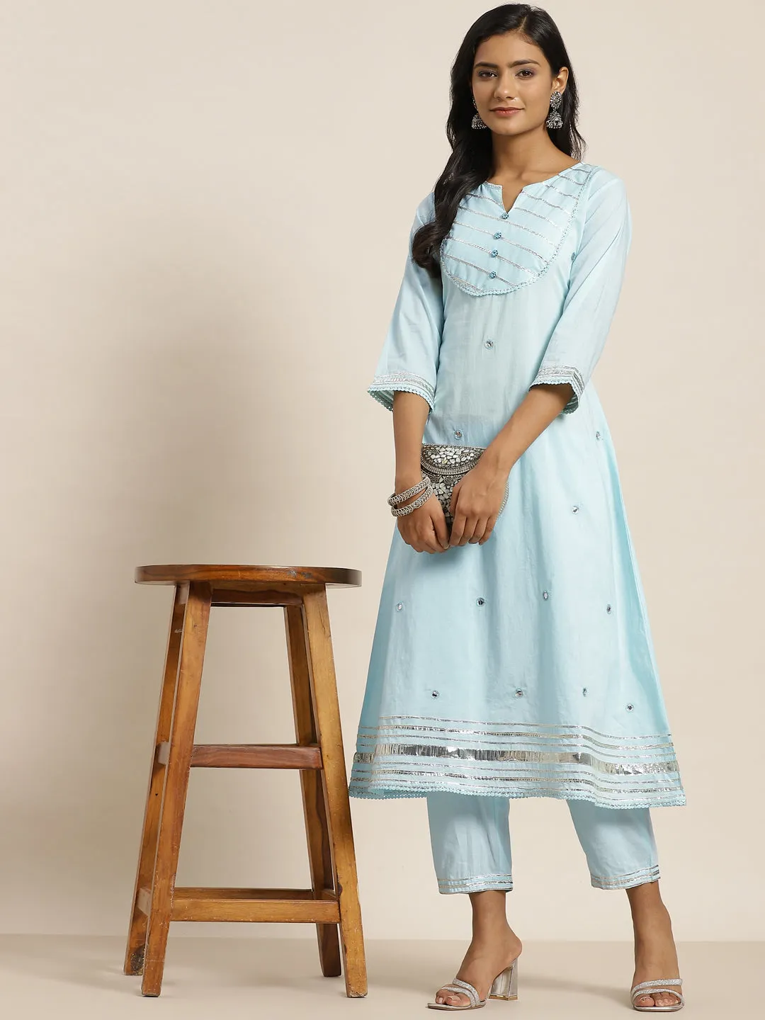 Juniper Sky Blue Solid Pure Cotton A-Line Kurta & Pants Set With Gota Work