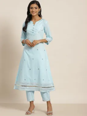 Juniper Sky Blue Solid Pure Cotton A-Line Kurta & Pants Set With Gota Work