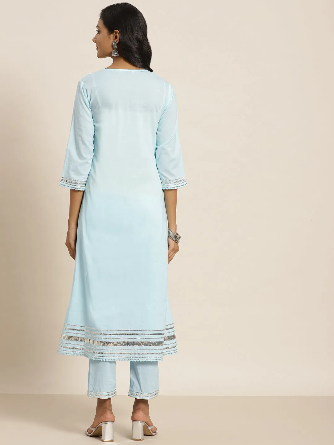 Juniper Sky Blue Solid Pure Cotton A-Line Kurta & Pants Set With Gota Work