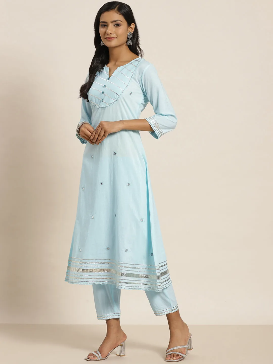 Juniper Sky Blue Solid Pure Cotton A-Line Kurta & Pants Set With Gota Work