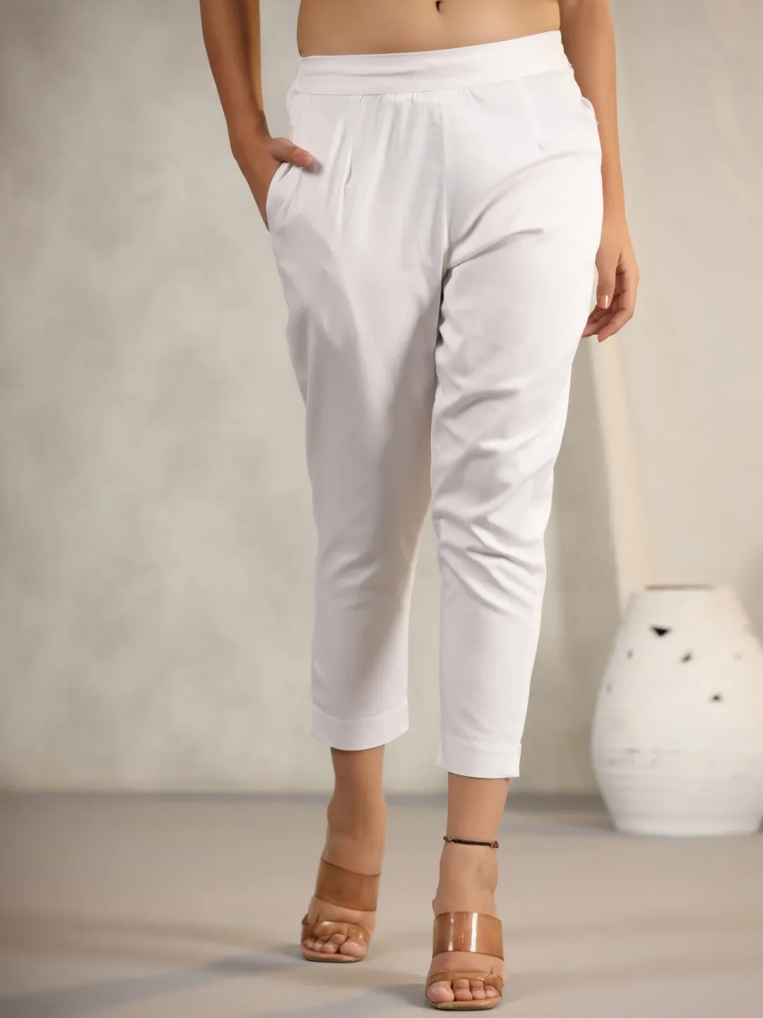 Juniper White Cotton Lycra Pants For Women With Partially Elasticated Waistband