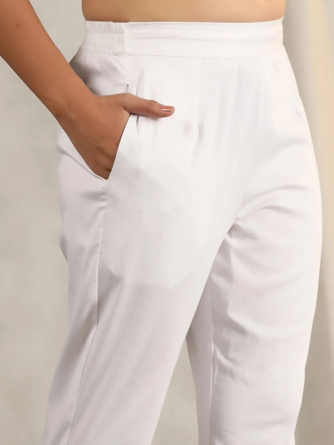 Juniper White Cotton Lycra Pants For Women With Partially Elasticated Waistband