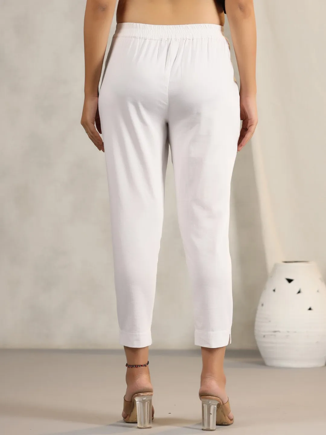 Juniper White Cotton Lycra Pants For Women With Partially Elasticated Waistband