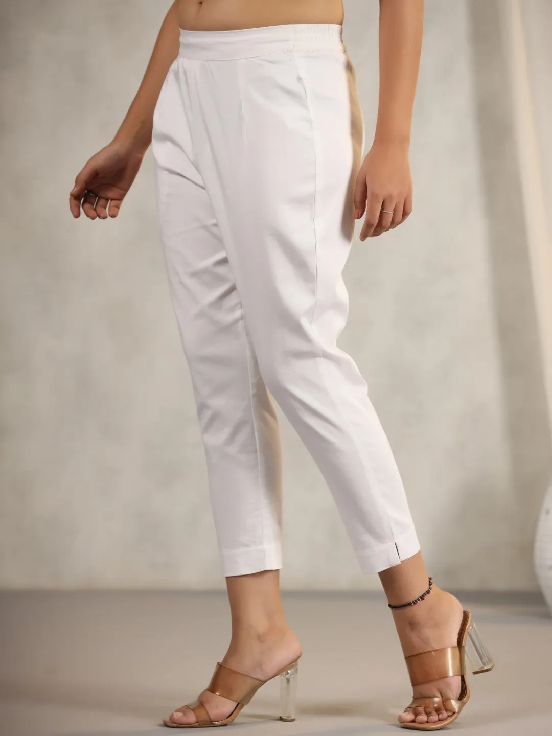 Juniper White Cotton Lycra Pants For Women With Partially Elasticated Waistband