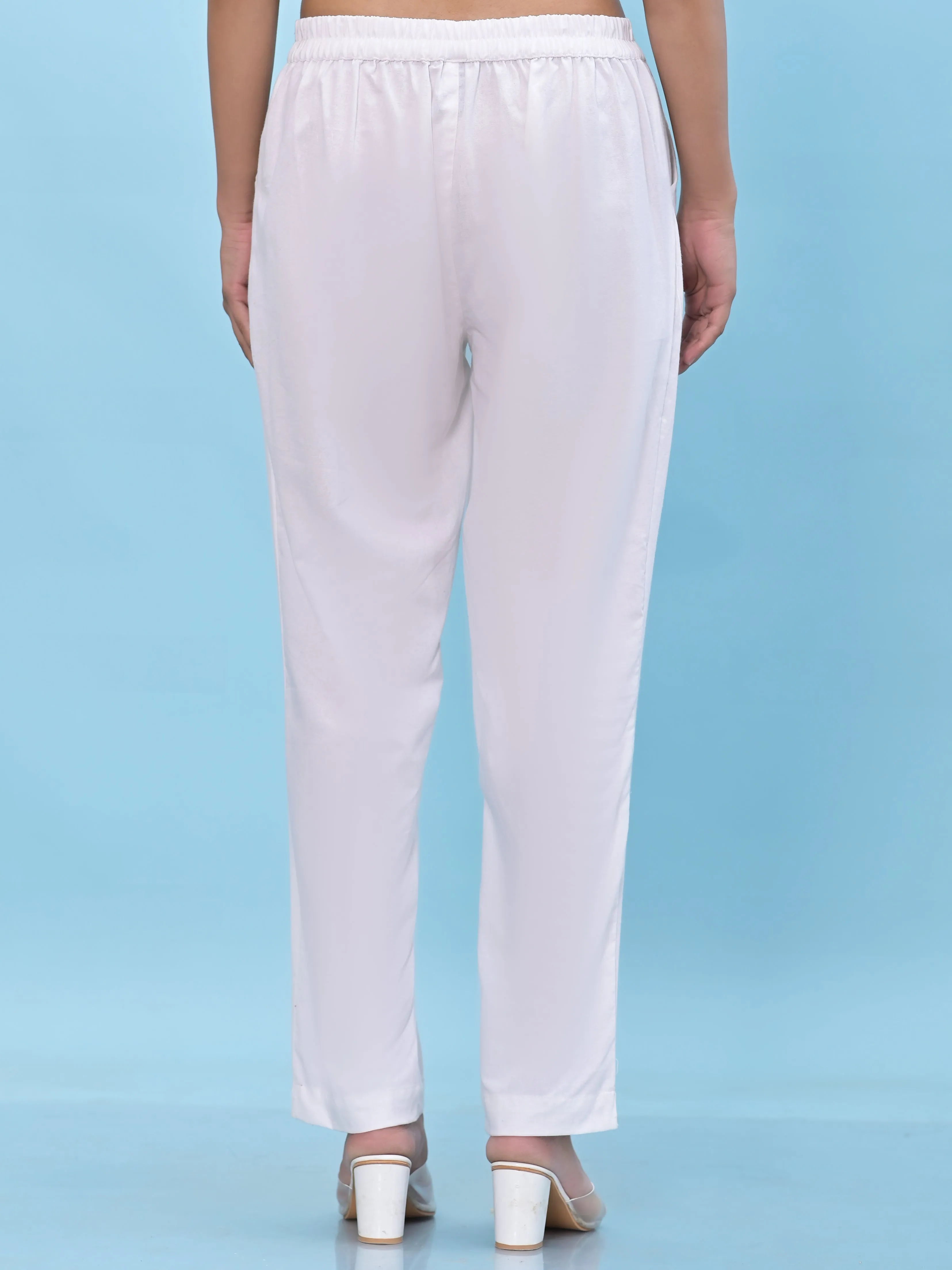 Juniper Women White Solid Cotton Pants with Partially Elasticated Waistband and Two Side Pockets