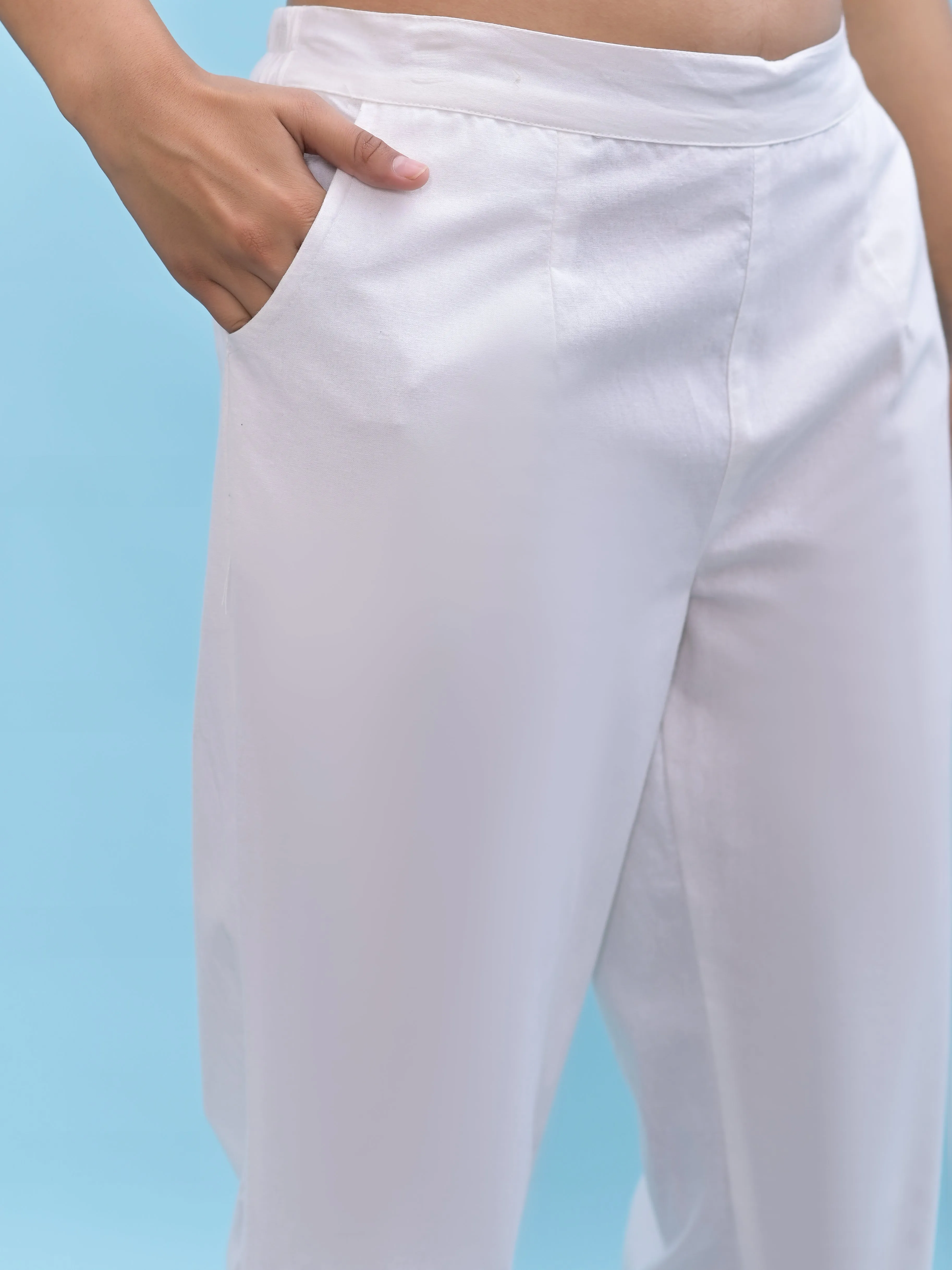 Juniper Women White Solid Cotton Pants with Partially Elasticated Waistband and Two Side Pockets