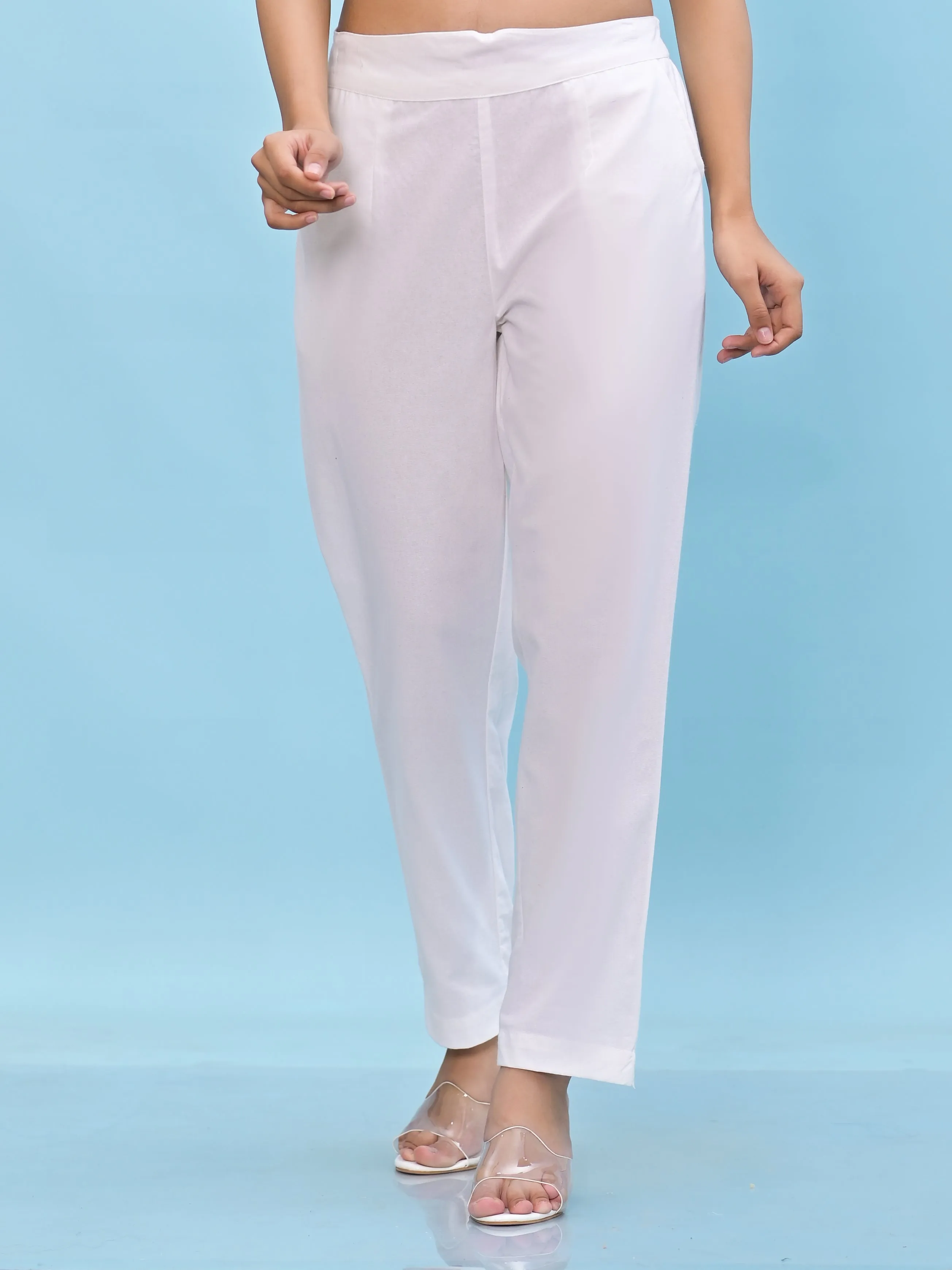 Juniper Women White Solid Cotton Pants with Partially Elasticated Waistband and Two Side Pockets