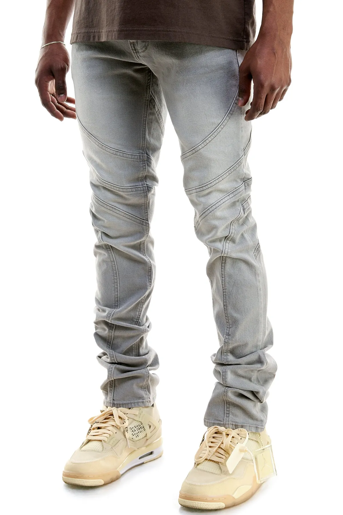 light grey men's stacked jeans in washed stretch denim