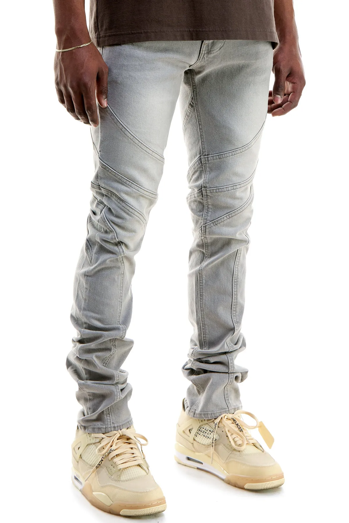 light grey men's stacked jeans in washed stretch denim