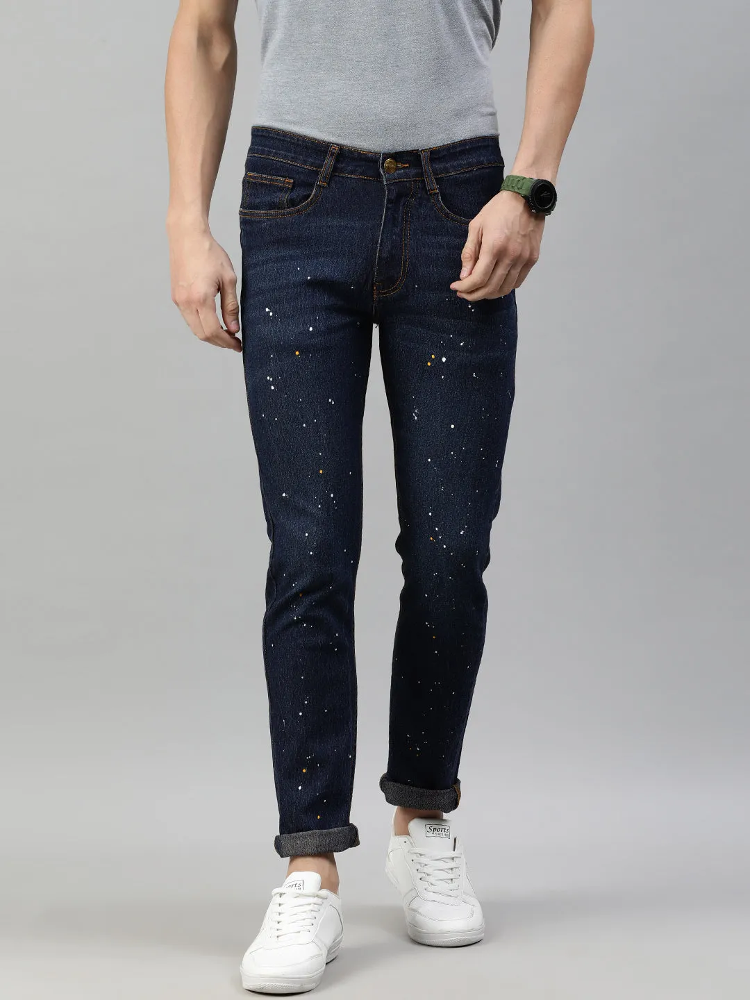 Men's Blue Slim Fit Washed Splatter Printed Jeans Stretchable