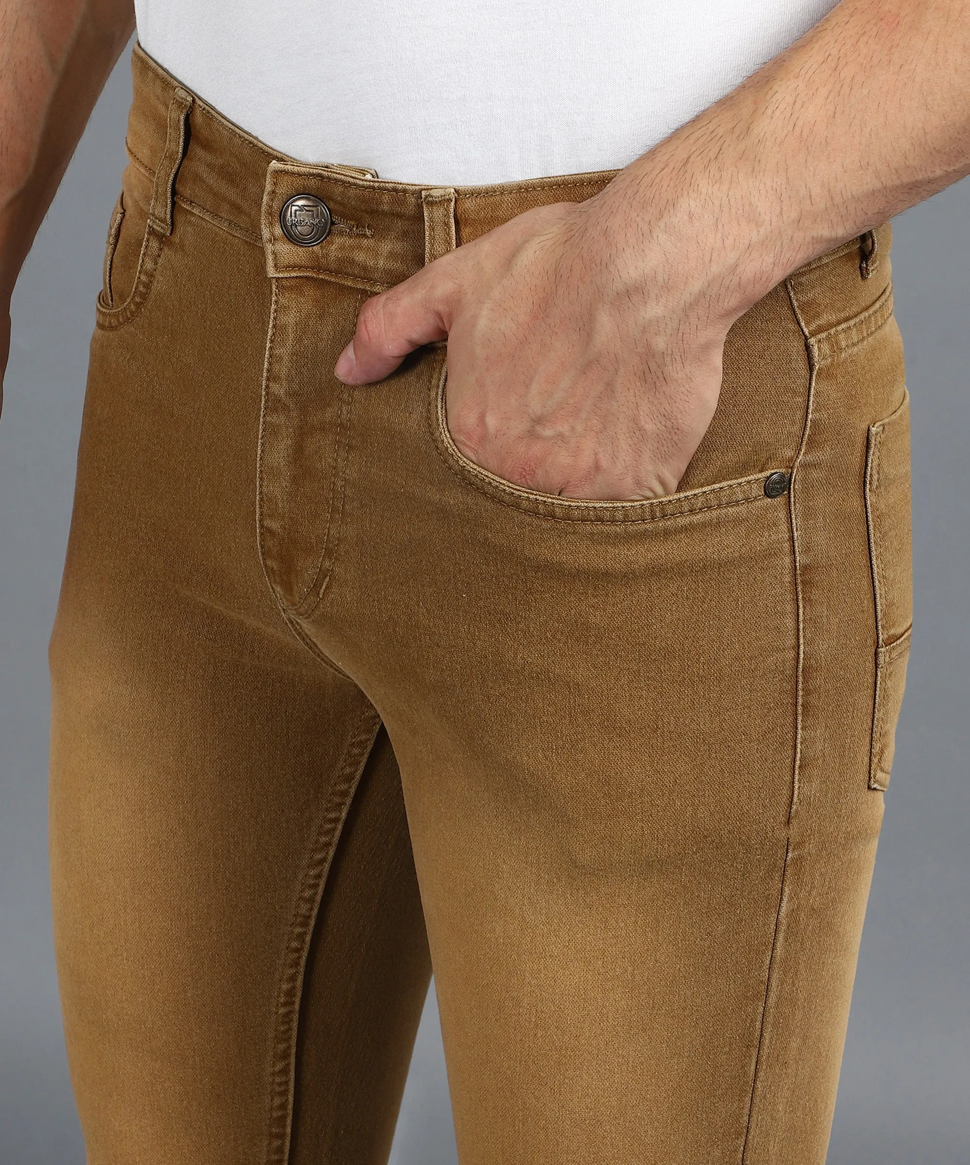 Men's Khaki Regular Fit Washed Jeans Stretchable