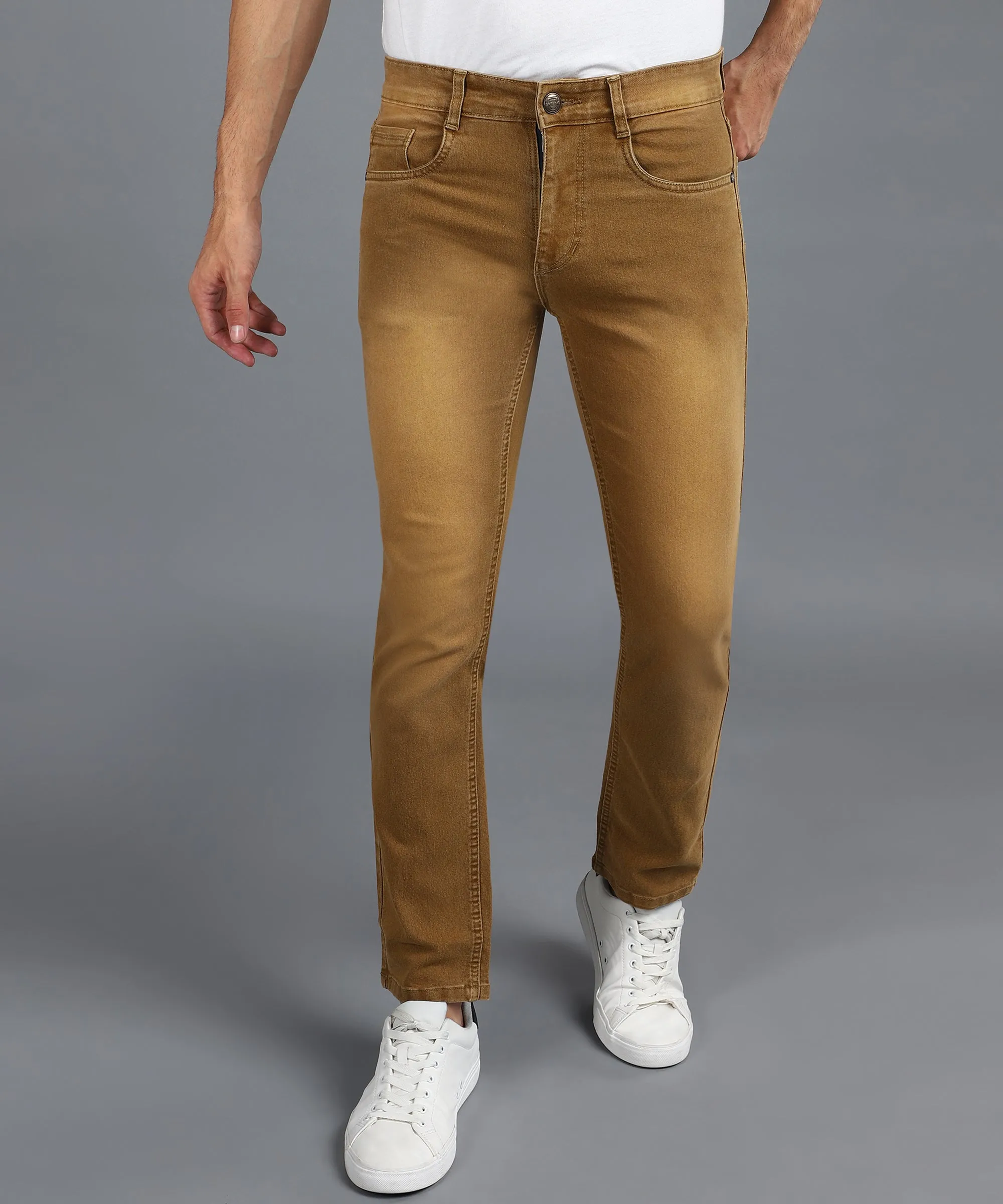 Men's Khaki Regular Fit Washed Jeans Stretchable