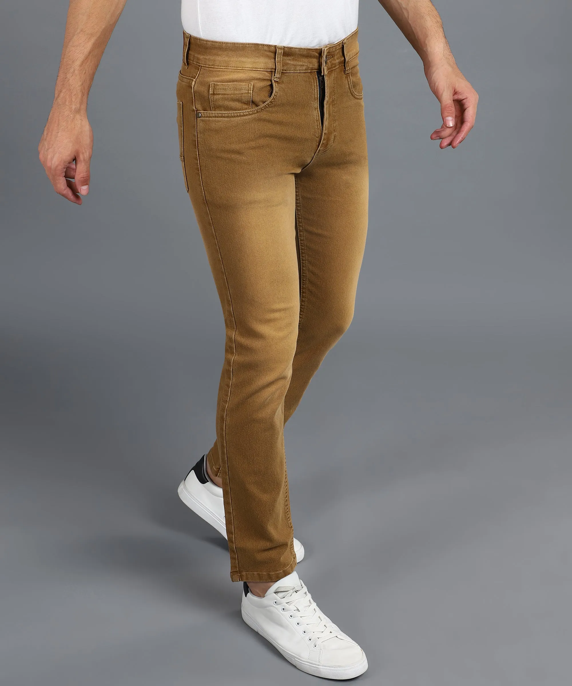 Men's Khaki Regular Fit Washed Jeans Stretchable