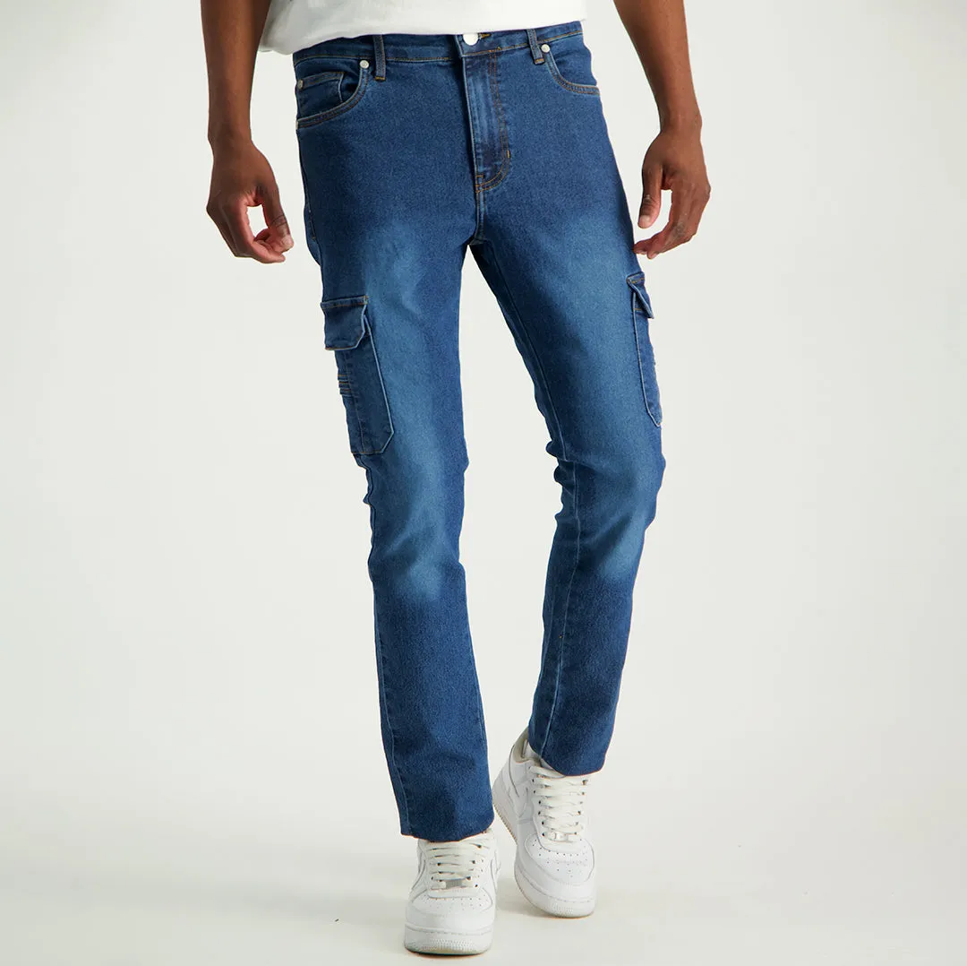 MENS MODA INDIGO DENIM CARGO JEANS