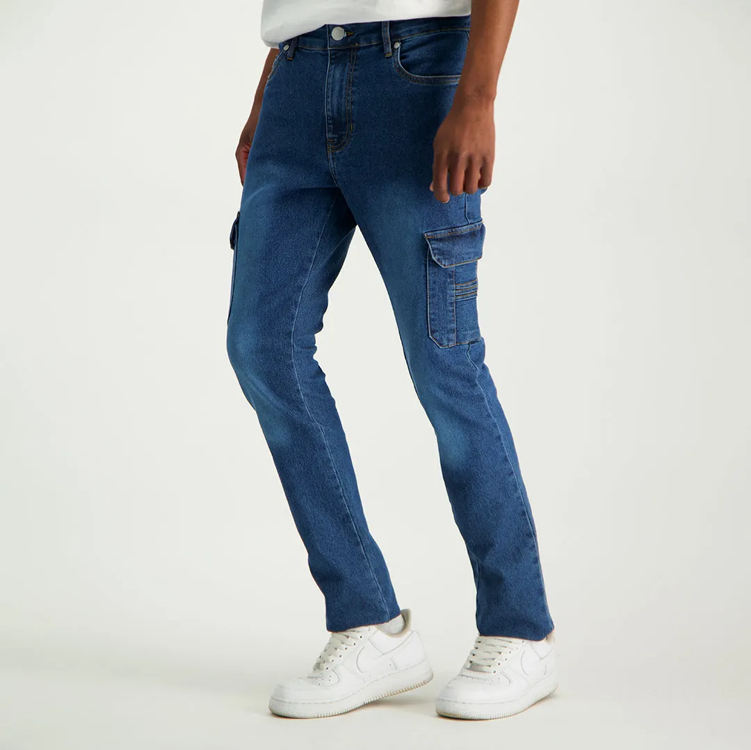 MENS MODA INDIGO DENIM CARGO JEANS