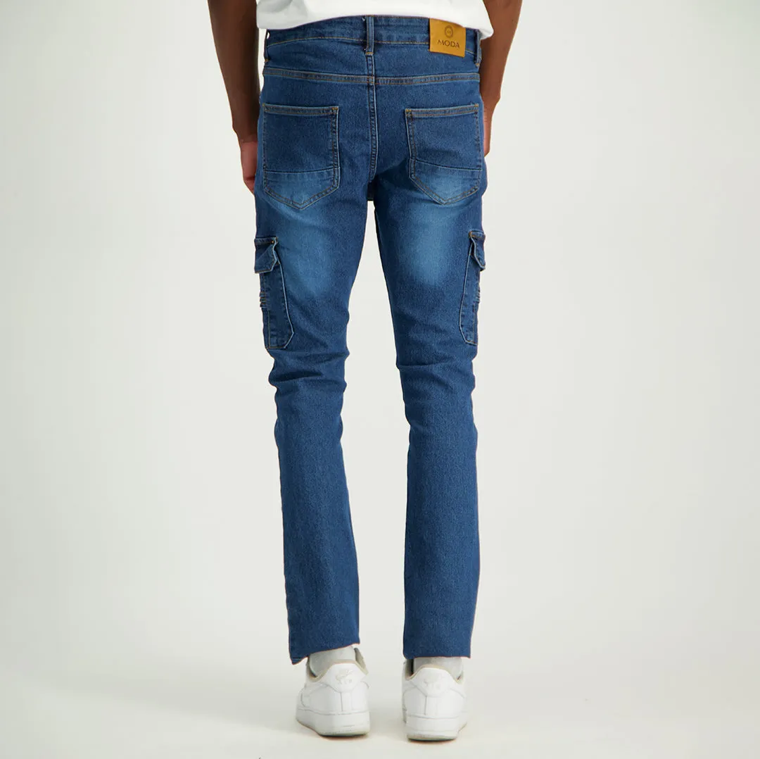 MENS MODA INDIGO DENIM CARGO JEANS