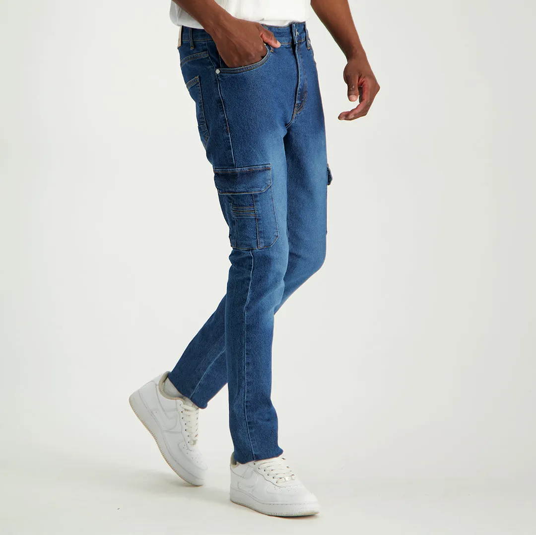 MENS MODA INDIGO DENIM CARGO JEANS