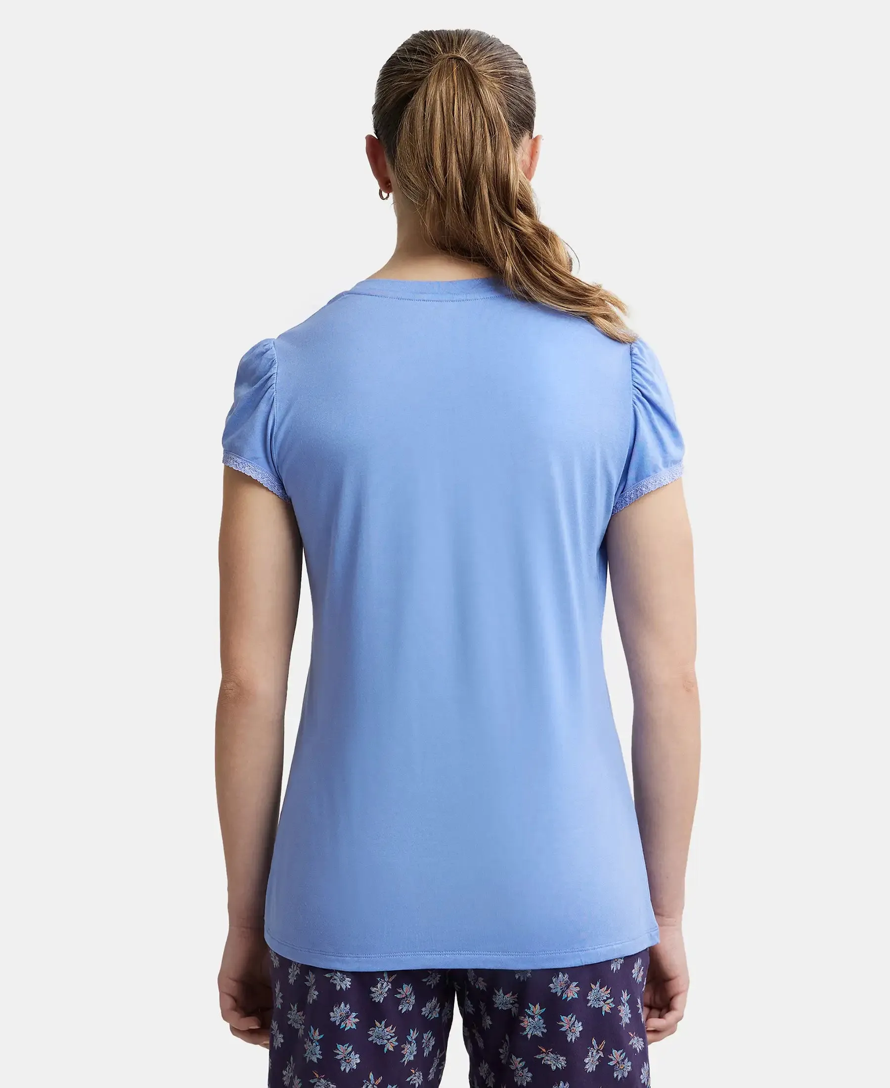 Micro Modal Cotton Relaxed Fit Solid V Neck Half Sleeve T-Shirt - Iris Blue