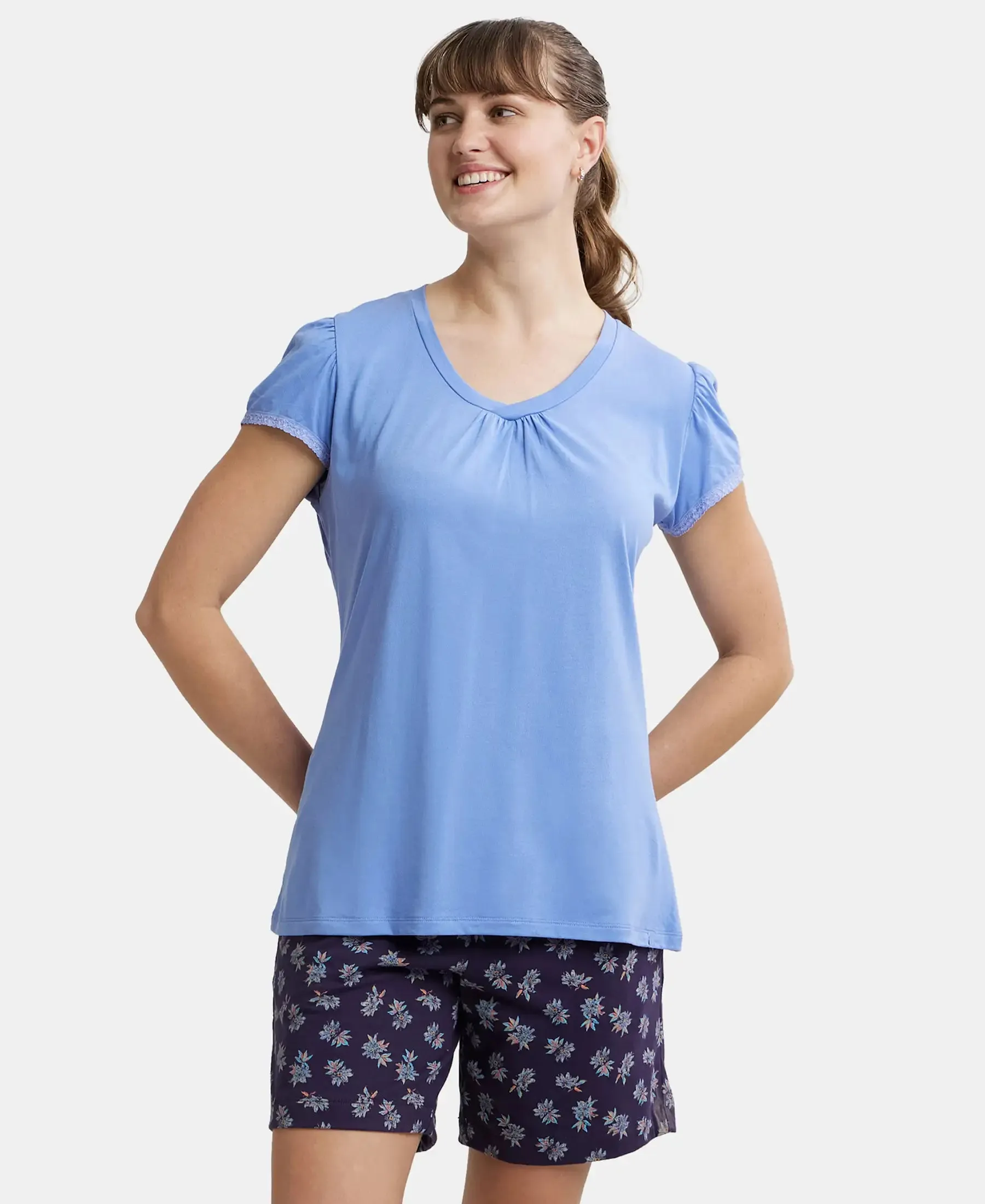 Micro Modal Cotton Relaxed Fit Solid V Neck Half Sleeve T-Shirt - Iris Blue