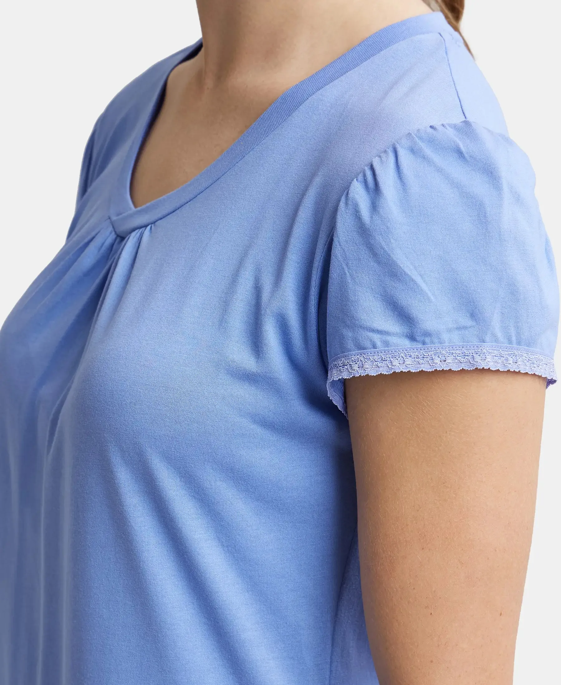 Micro Modal Cotton Relaxed Fit Solid V Neck Half Sleeve T-Shirt - Iris Blue