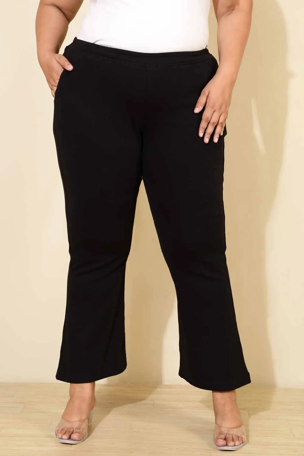 Plus Size High Waisted Black Cotton Flare Pants