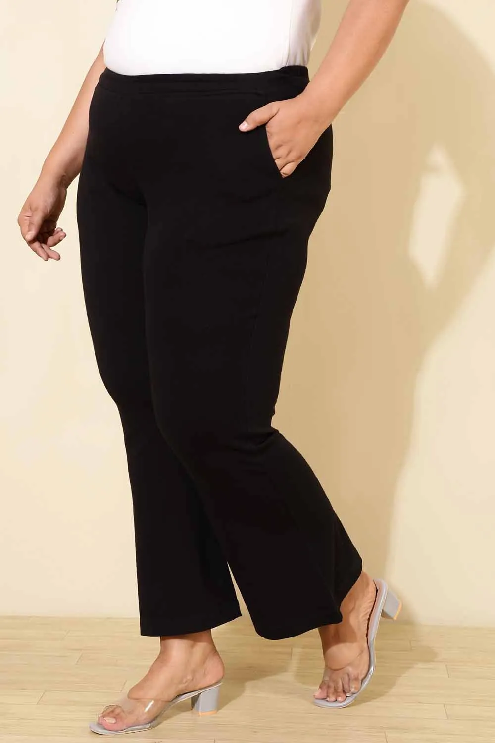 Plus Size High Waisted Black Cotton Flare Pants