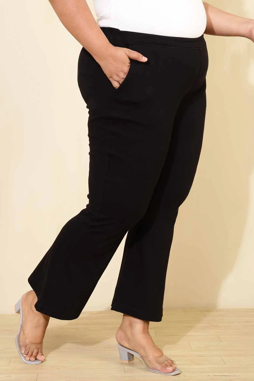 Plus Size High Waisted Black Cotton Flare Pants