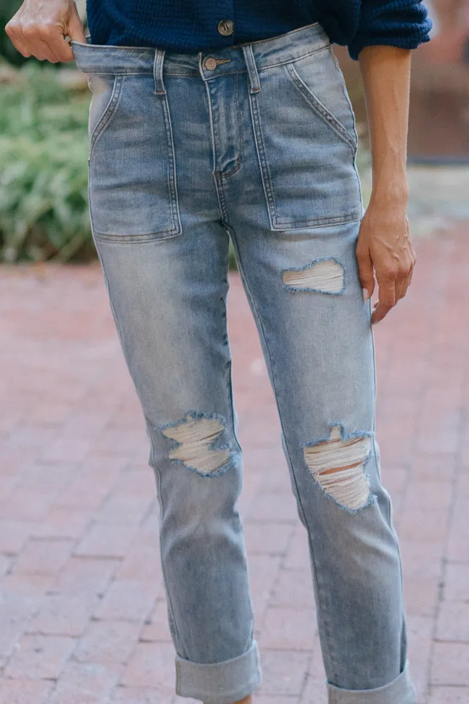 preorder - Brittany High Rise Patch Pocket & Ripped Boyfriend Jeans