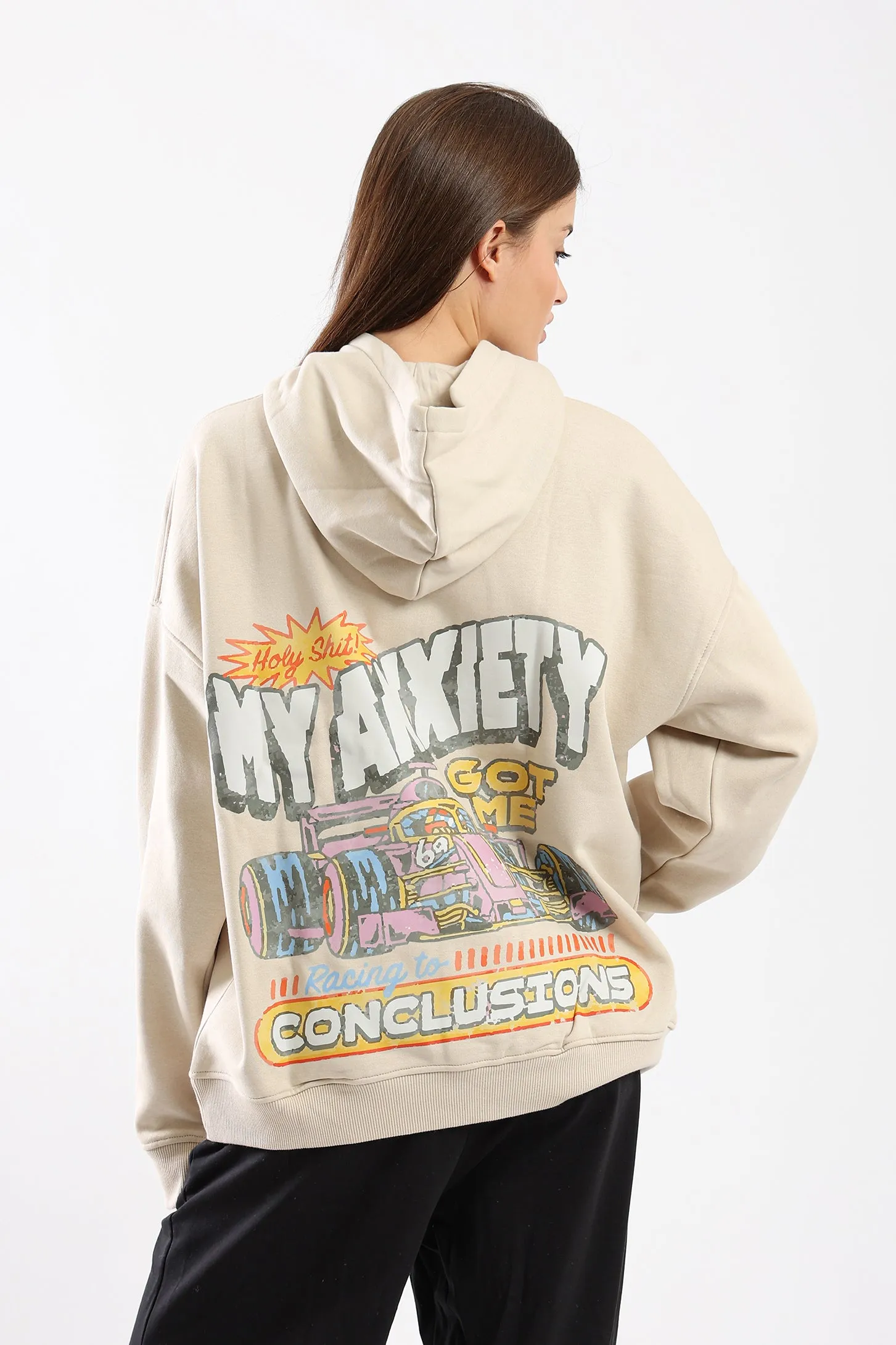 RACING TO CONCLUSIONS HOODIE - BEIGE