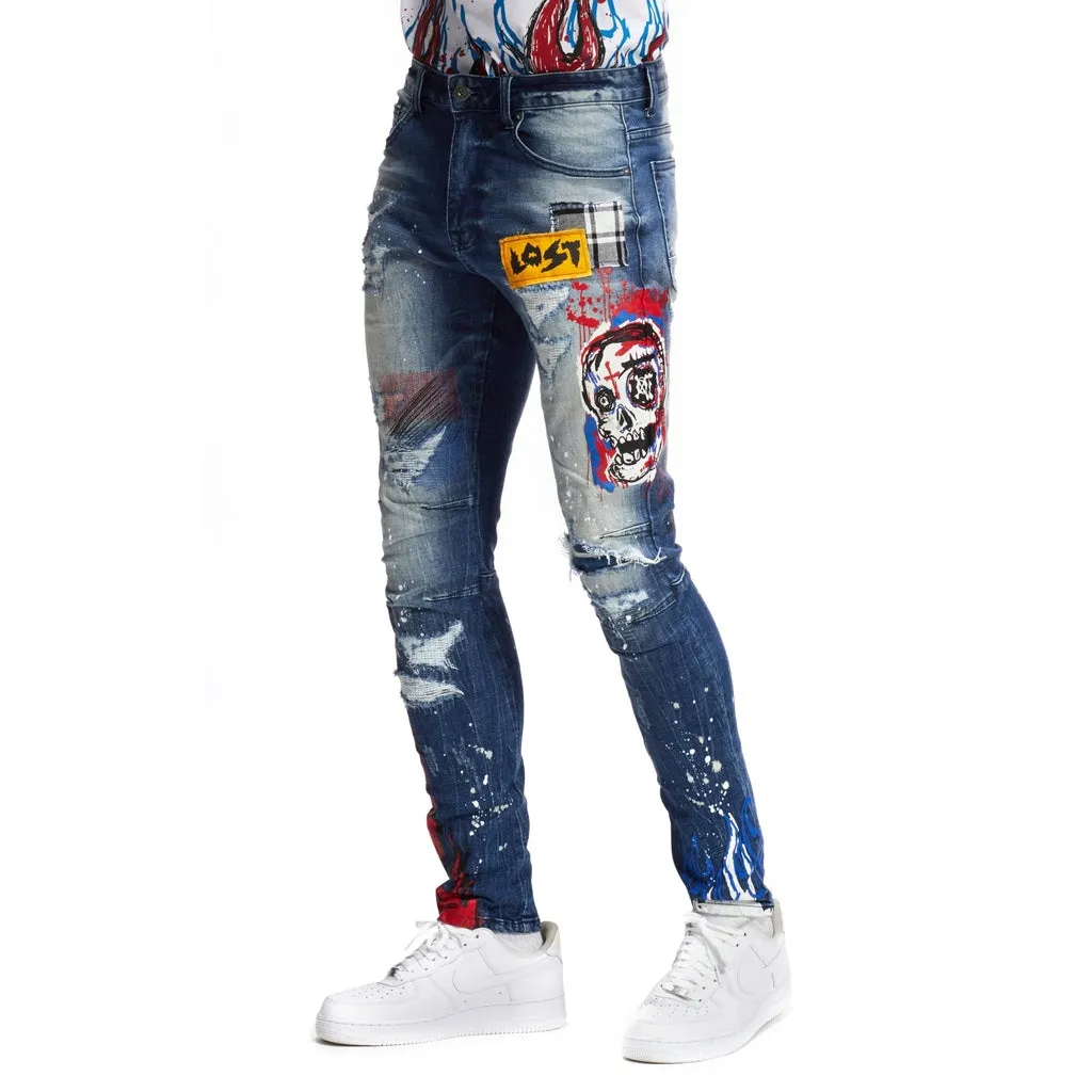 Skull & Flame Graphic Denim -Pebble Blue