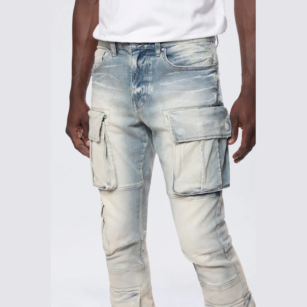 Stacked Utility Multi Pocket Cargo Jeans - Ombre Blue