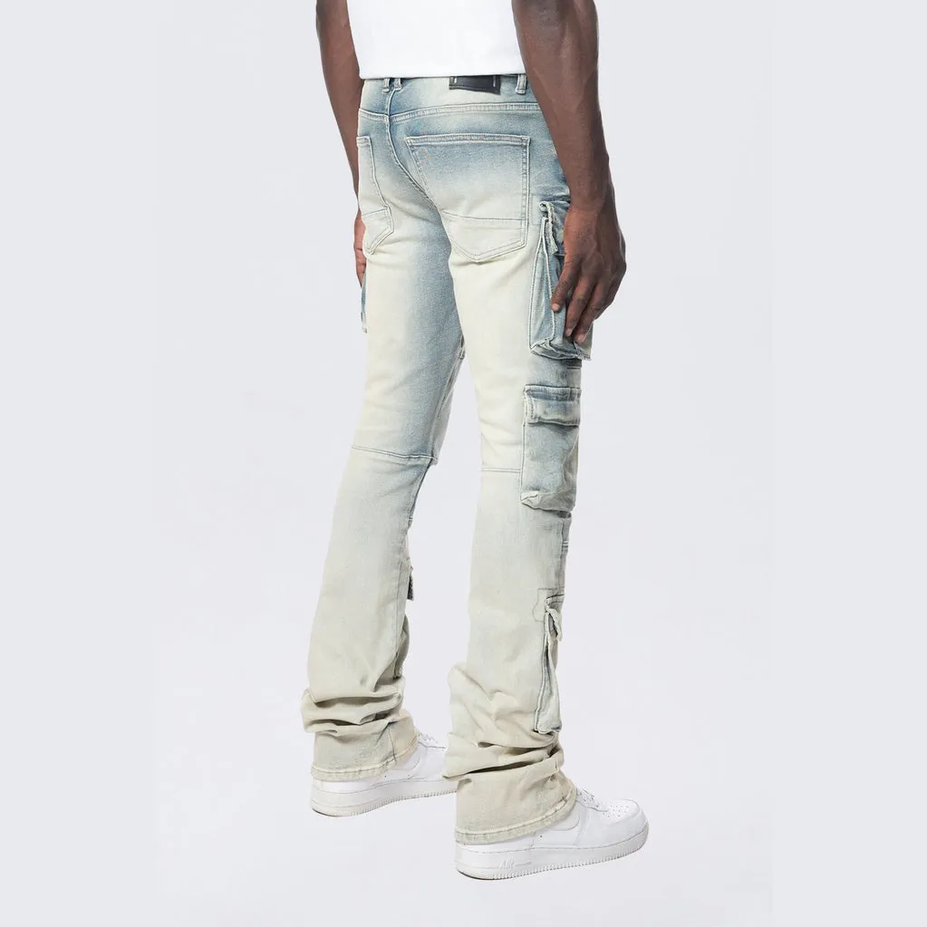 Stacked Utility Multi Pocket Cargo Jeans - Ombre Blue