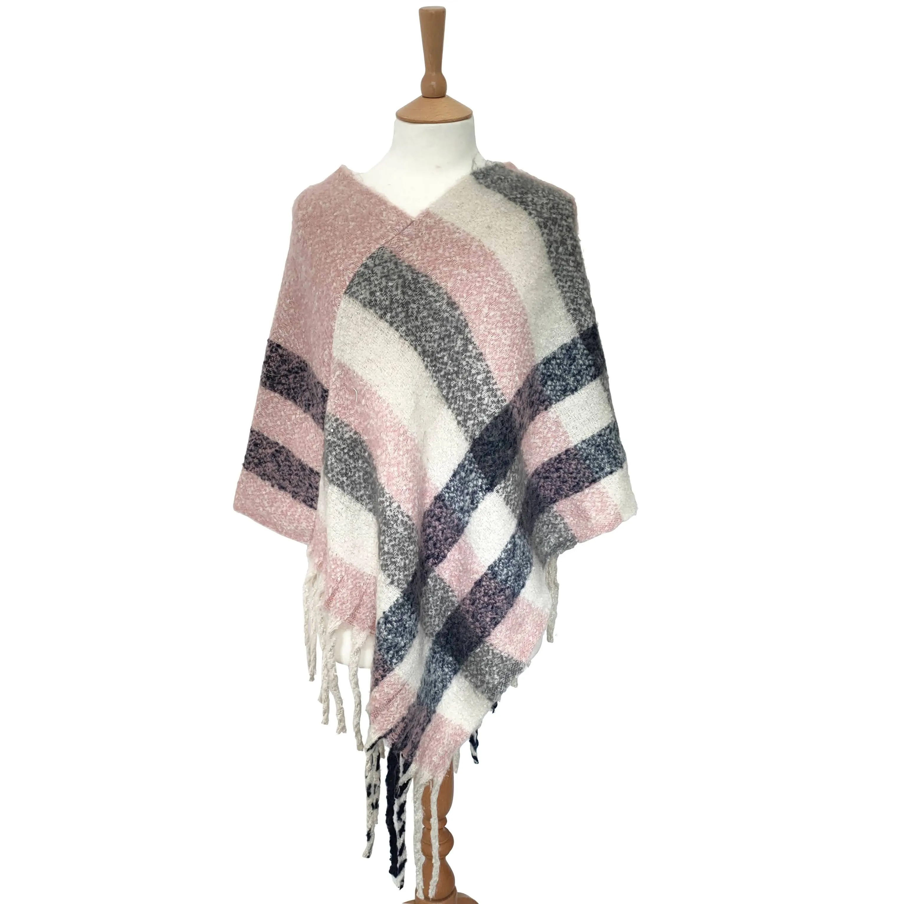 Thick Cosy Feel Check Poncho - Pink & Blue